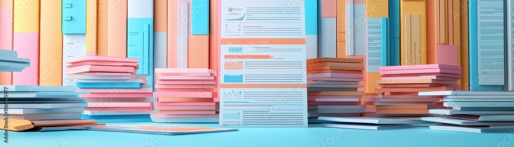 Poster a colorful collection of documents and papers stacked on a desk, showcasing organization and product