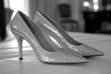Elegant silver glitter high heels on display in a stylish setting