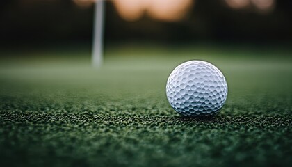 Obraz premium A golf ball resting on the putting green in the evening light before sinking