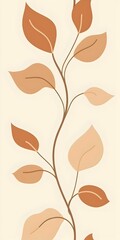 A minimalist design featuring a vertical arrangement of stylized leaves in warm earthy tones of beige and terracotta against a soft cream background.