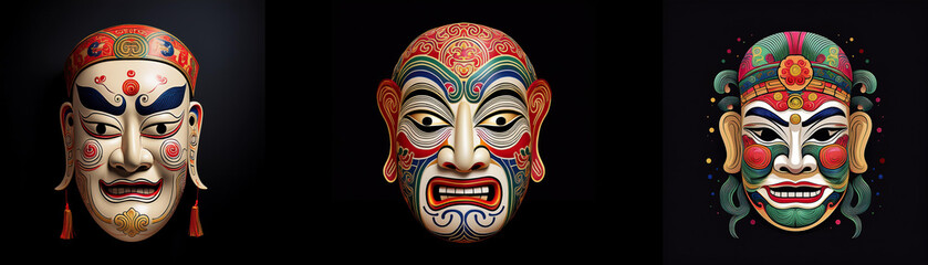 Naklejka premium Three colorful masks are isolated against a black background.