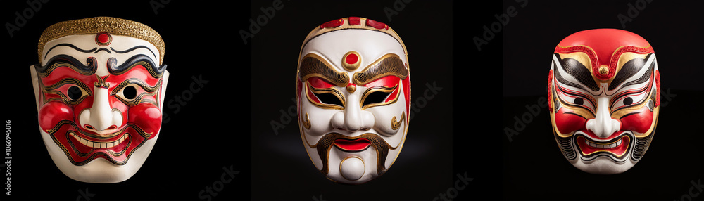 Poster three masks with various expressions, isolated on a black background.