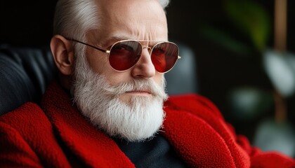 Stylish elderly man in a red coat and sunglasses relaxing indoors in low light