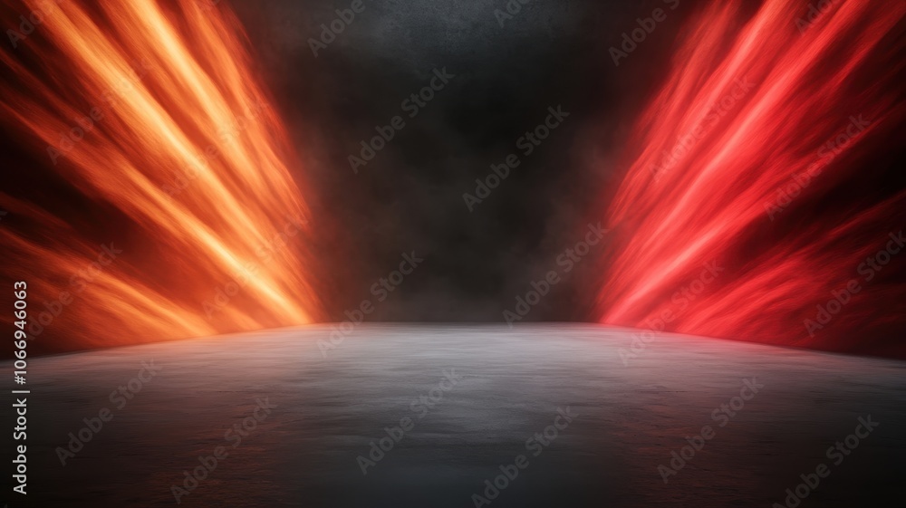 Poster dynamic abstract background featuring vibrant red and orange light streaks emerging from a dark back
