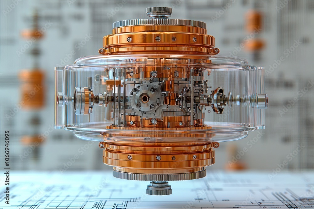 Poster complex mechanical device enclosed in a glass case