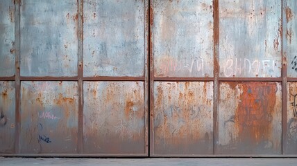 A weathered metal door with rust and peeling paint.