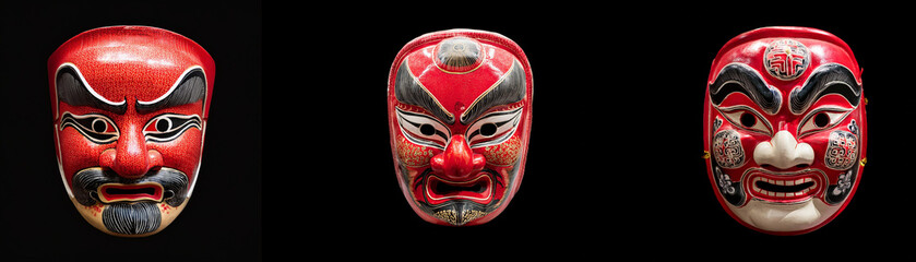 Three traditional red and black masks isolated against a black background.