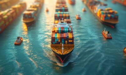 Fototapeta premium 3D aerial view of a busy maritime shipping route, with multiple vessels heading to different destinations