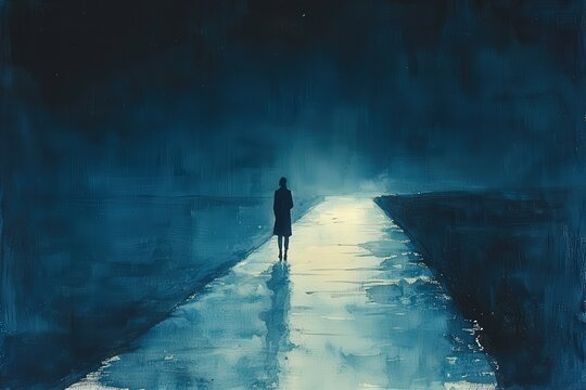 Abstract blue watercolor background with brush strokes, with a lonely peson walking in the dark. 