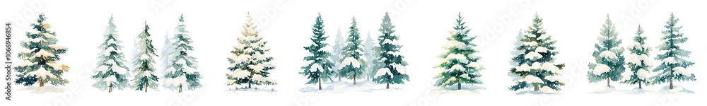 Poster pine tree with snow png cut out element set