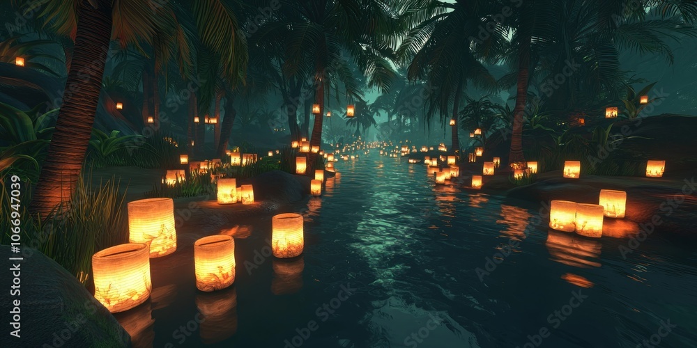 Poster a path of glowing lanterns illuminating a tranquil river in a lush tropical forest.