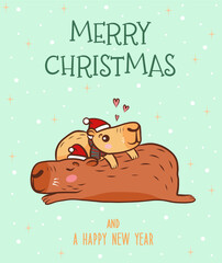 Vector greeting card with cartoon capybara family. Christmas illustration with capybara mother and capybara baby. Merry Christmas and new year card.