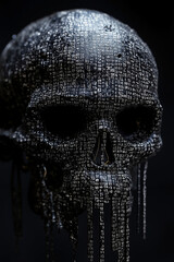 A skull covered in binary code on a black background