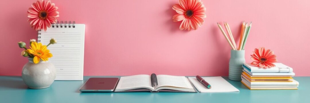 Turquoise blue daily planner with pen laying on top, adorned with lovely flowers, work, productivity, office