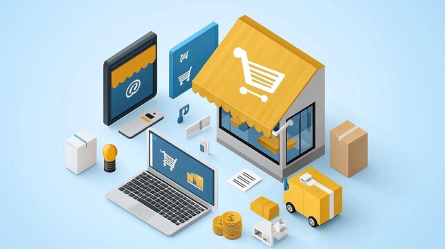 Simple isometric design showing eCommerce platform growth with multiple icons, financial bars, and a digital storefront, cool-toned color scheme.
