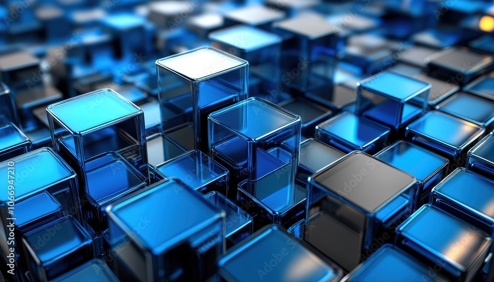 Poster glossy blue and grey squares create a dynamic abstract technology banner design