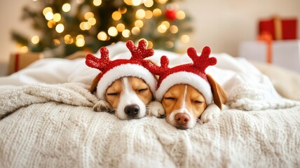 Two adorable dogs wearing reindeer hats rest together on a cozy blanket, surrounded by a festive, bokeh-lit Christmas tree, evoking a warm holiday spirit.