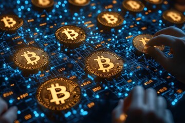 Golden Bitcoin Coins on a Blue Circuit Board