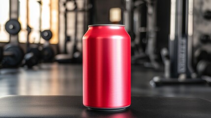 Fototapeta premium A shiny red can sits in a gym environment, highlighting fitness and refreshment amid equipment and weights.