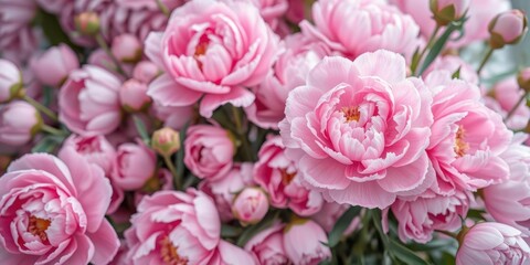 Pink peony flowers in full bloom covering the entire frame, creating a soft and elegant background, soft focus