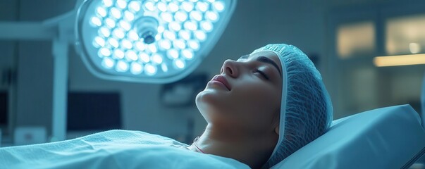 A woman lies calmly on an operating table, illuminated by a bright surgical light in a sterile environment.