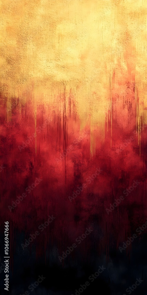 Poster an abstract painting showcasing a gradient of warm hues, transitioning from deep red to gold, creati