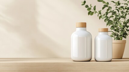Two elegant white bottles with wooden caps on a wooden table beside a potted plant against a soft beige background, creating a calming and modern atmosphere.