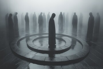 Mysterious hooded figures in fog create an eerie, surreal atmosphere