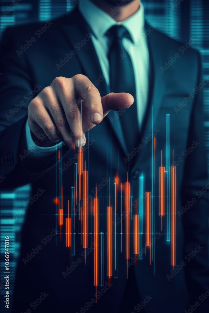 Poster businessman analyzing stock market data with interactive chart display