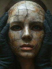 Fototapeta premium Mysterious cracked mask held by gloved hands: an exploration of identity and emotion