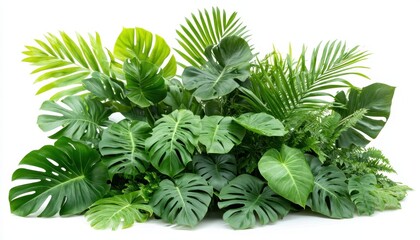 Lush green foliage featuring Monstera palms and ferns in bright daylight