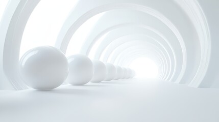 A series of white spheres are lined up in a long hallway
