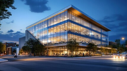 Obraz premium Sleek Modern Office Building at Dusk