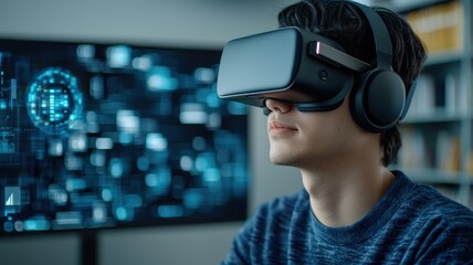 Man wearing a VR headset explores a digital interface, engaging in virtual reality technology with futuristic visuals on a nearby screen.