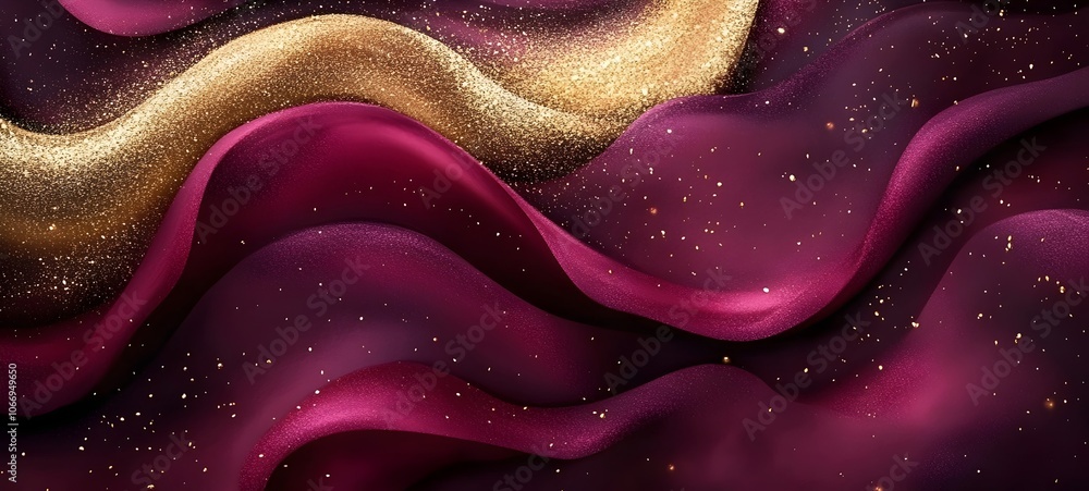 Poster an elegant abstract composition featuring flowing waves of deep burgundy and shimmering gold, creati