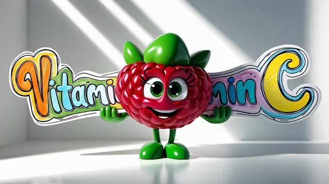 Cartoon happy character raspberry with sign inscription vitamin C

