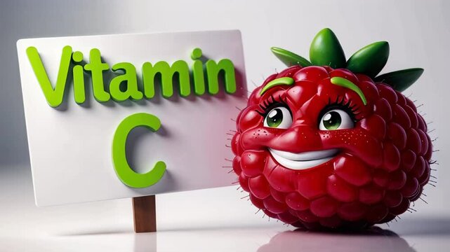 Cartoon happy character raspberry with sign inscription vitamin C


