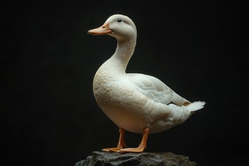 Obraz premium Majestic white duck standing on rock against dark background