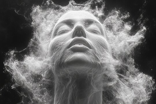 Surreal portrait of face dissolving into ethereal mist on dark background