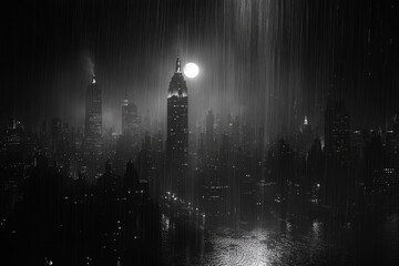 Mystical night cityscape under rain with full moon in black and white
