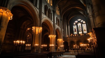 Fototapeta premium A majestic cathedral interior with grand arches and candles,