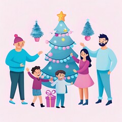 Fototapeta premium Festive Family Gathering Around Christmas Tree with Decorations and Gifts