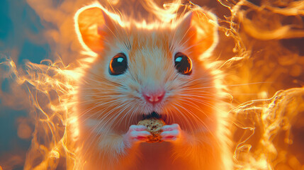 A vibrant, glowing hamster holds a treat, creating a whimsical and enchanting atmosphere filled with colorful lights.