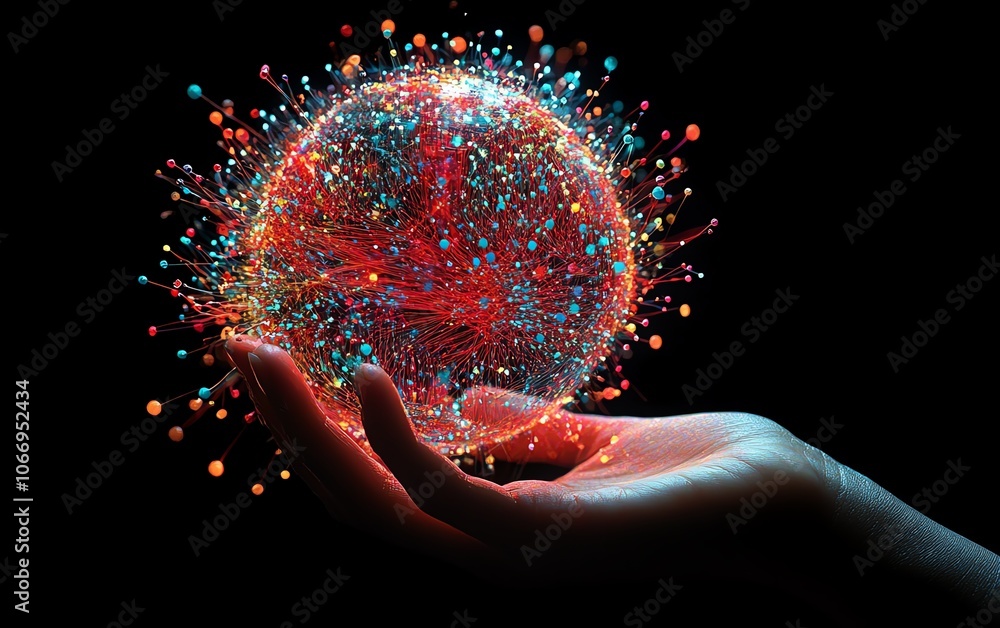 Poster a striking visual of a hand grasping a digital globe, adorned with glowing connections and colorful 