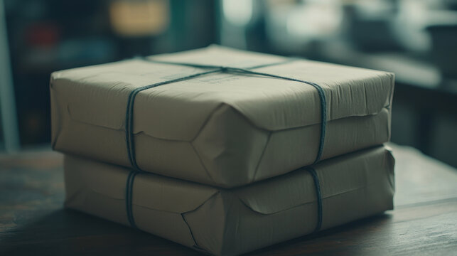 Two brown paper packages tied with string on wooden surface.