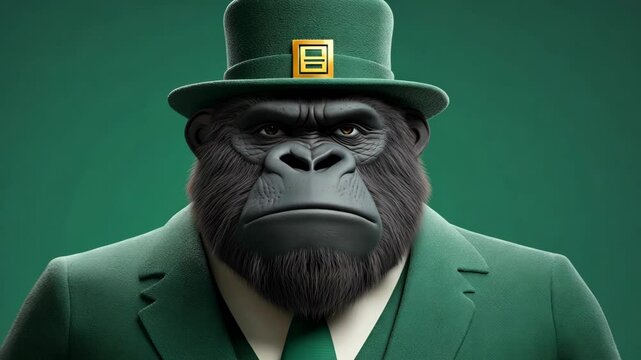 A gorilla wearing a green suit and a top hat stares intensely at the camera