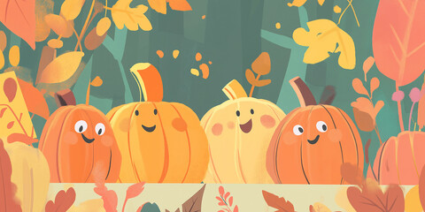 Fototapeta premium Festive Pumpkin Greeting: Cute cartoon pumpkins on a holiday card. 