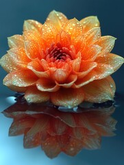 Vibrant orange dahlia with water droplets reflecting on smooth surface