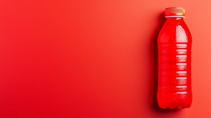 A vibrant red bottle of beverage against a matching red background, showcasing a refreshing and eye-catching design.