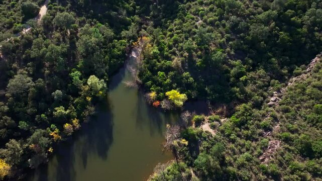 Aerial drone view of Lake of Saint-Cassien in Provence